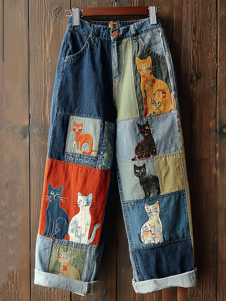 Vintage Patchwork Cute Cat Print Contrast Jeans
