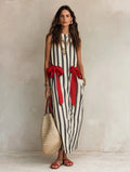 Effortless Resort Linen Vertical-Stripe Contrast-Bow Loose Monochrome Maxi Dress