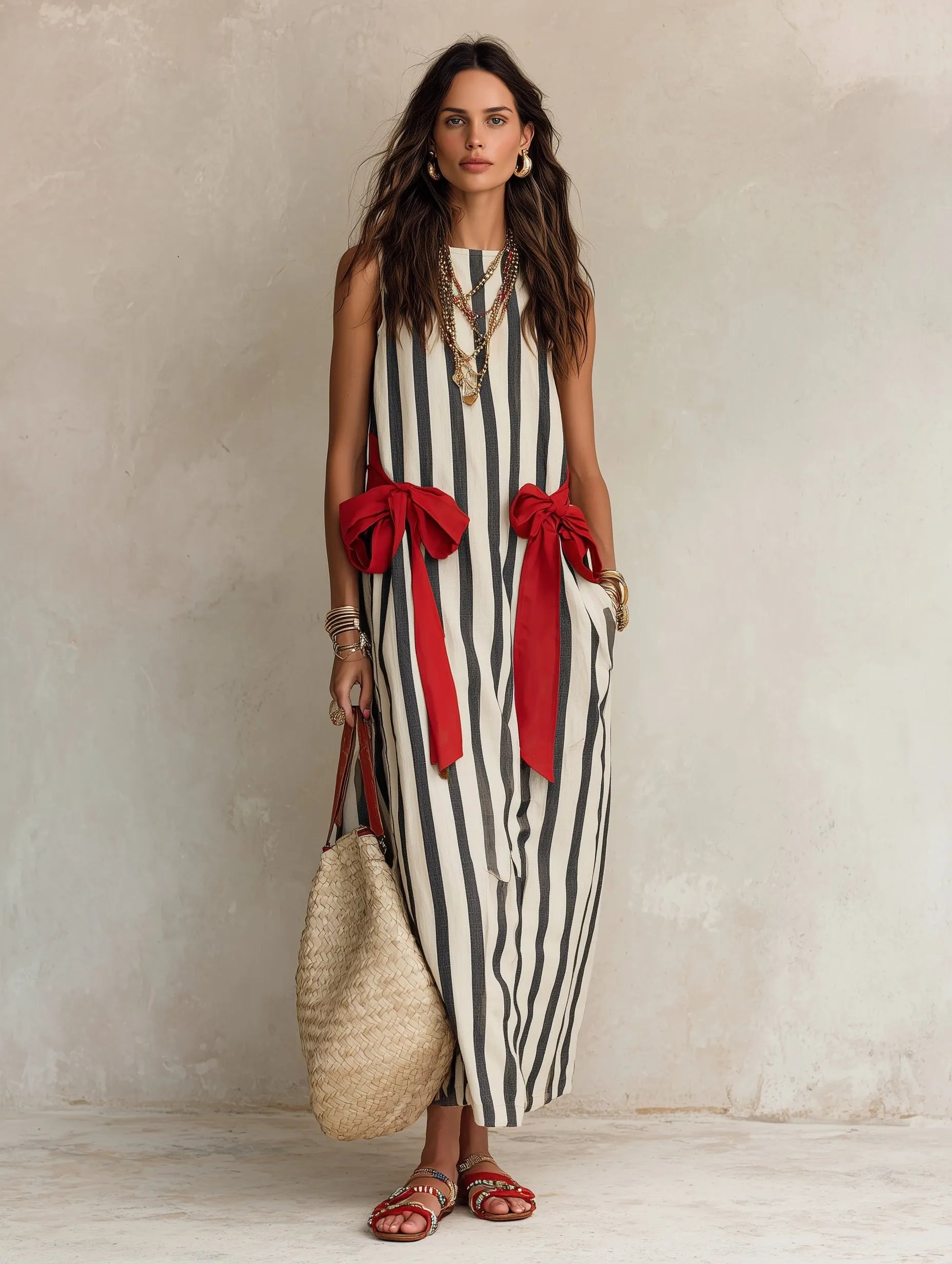 Effortless Resort Linen Vertical-Stripe Contrast-Bow Loose Monochrome Maxi Dress