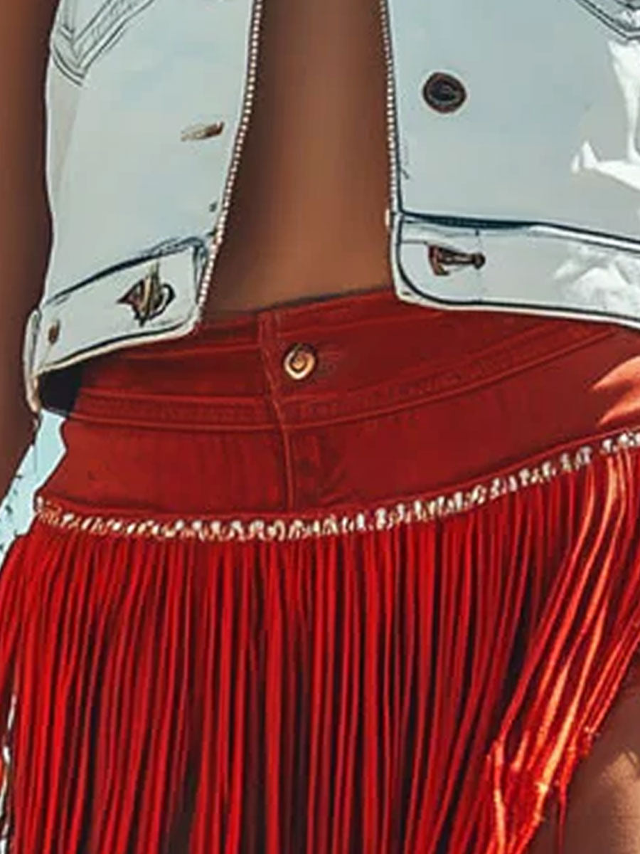 [24-hour shipping out]Western Retro Red Washed Cotton Ribbon Tassel Shorts