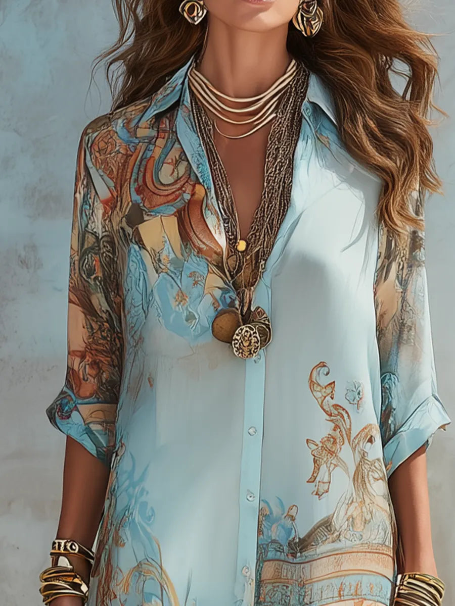 Baroque Style Floral Blue Chiffon Maxi Dress