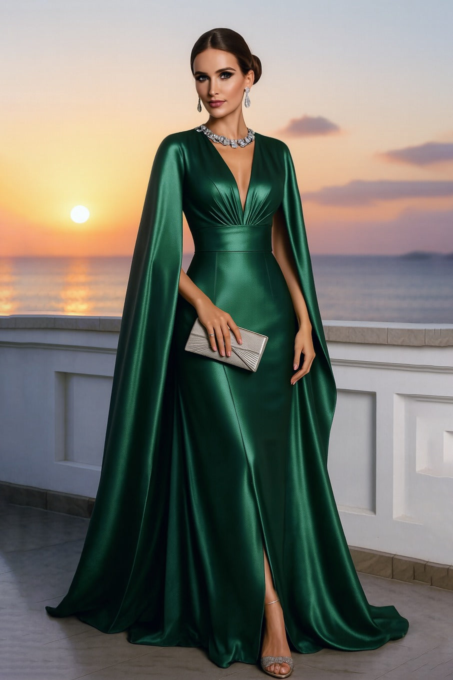 Formal Evening Dress Green V Neck Cape Maxi Satin Dress