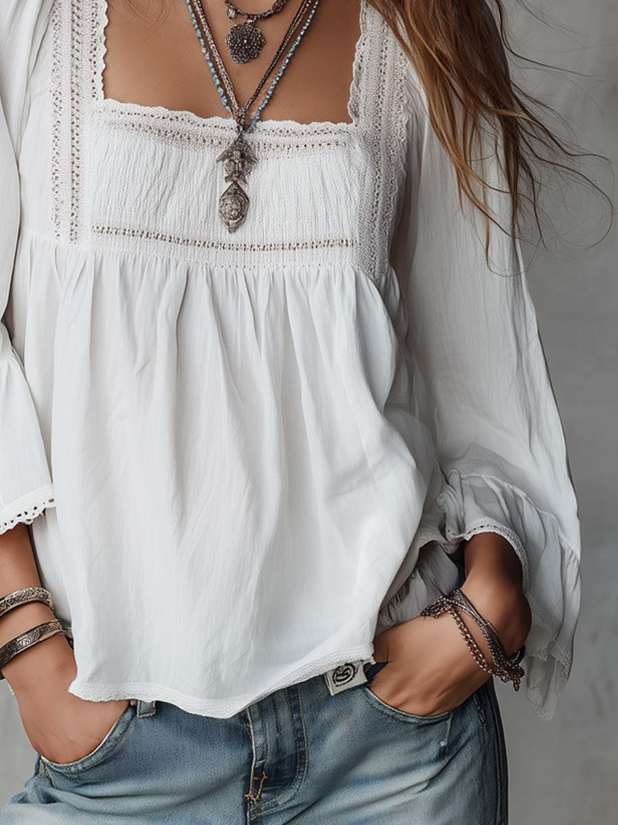 Retro Lace Trim Square-Neck RuffleCotton-Linen Blouse
