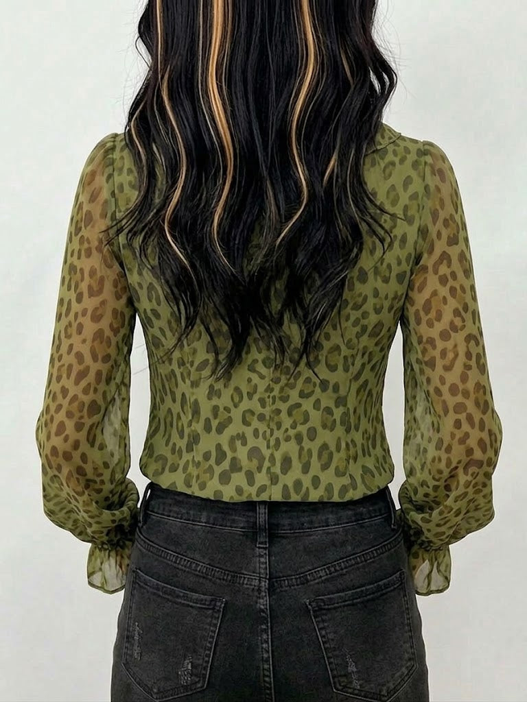 Stylish And Elegant Leopard Print Ruffle-collar Blouse