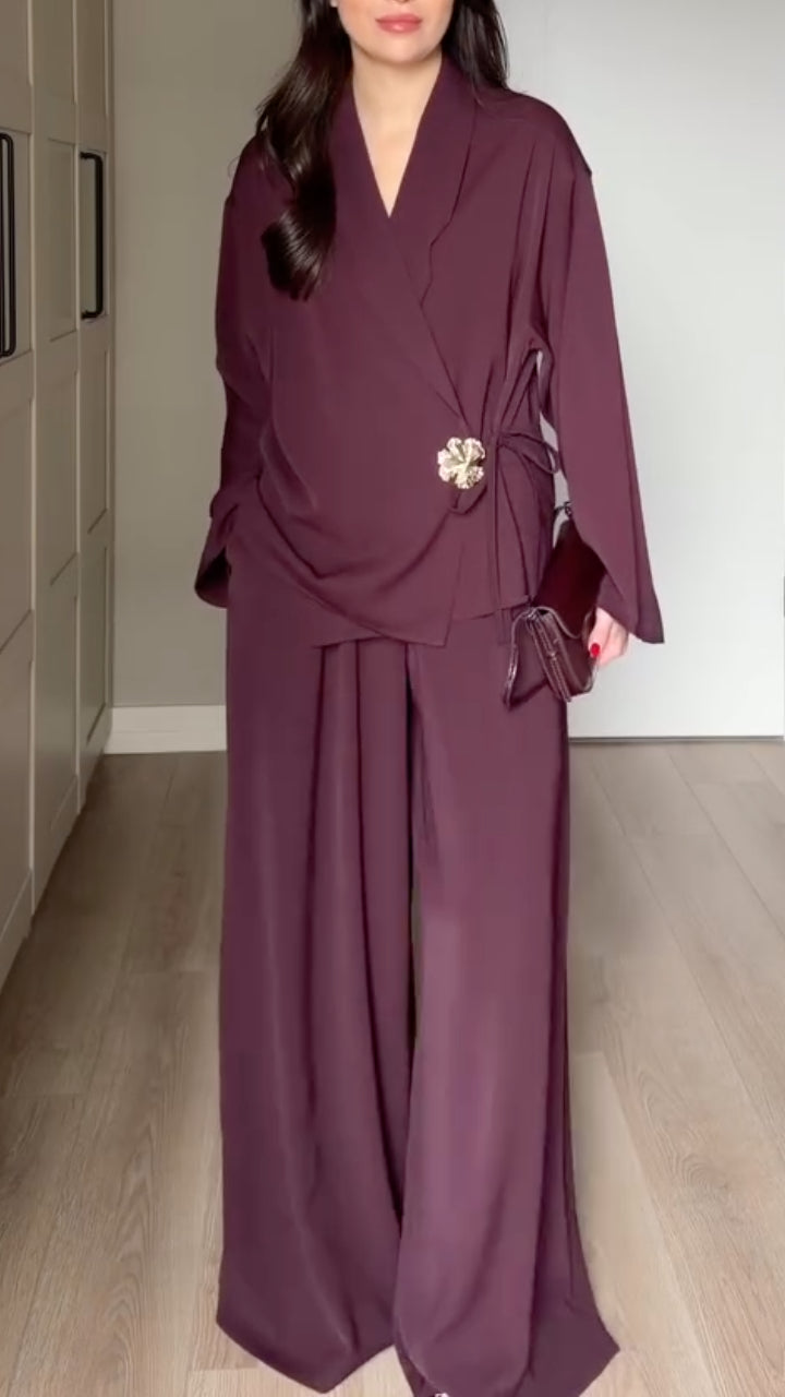 Wrap Blouse with Wide Leg Pants Set