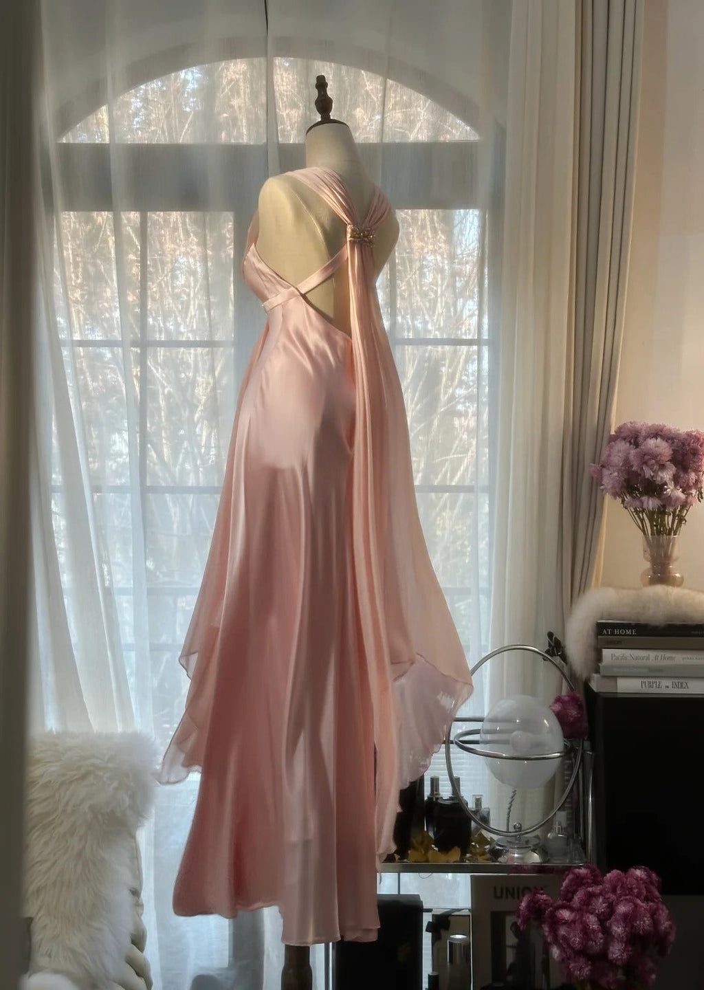 Pink Elegant Exquisite Rhinestone Long Satin Chiffon Ball Gown Evening Dress Party Dress Birthday Dress Date Dress 4163