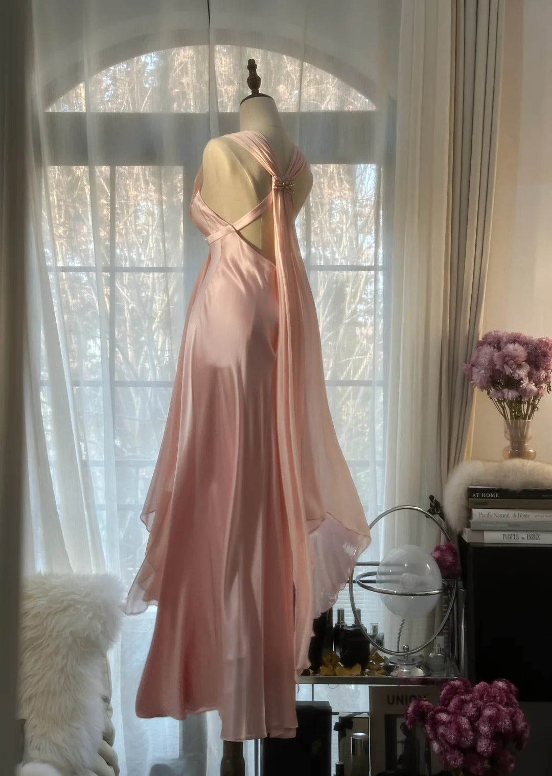 Pink Elegant Exquisite Rhinestone Long Satin Chiffon Ball Gown Evening Dress Party Dress Birthday Dress Date Dress 4163