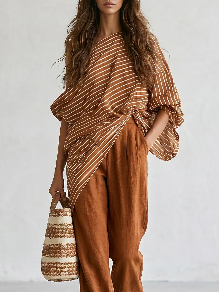 Contrast Stripe Oversized Top & Solid Palazzo Pants Two-Piece Set