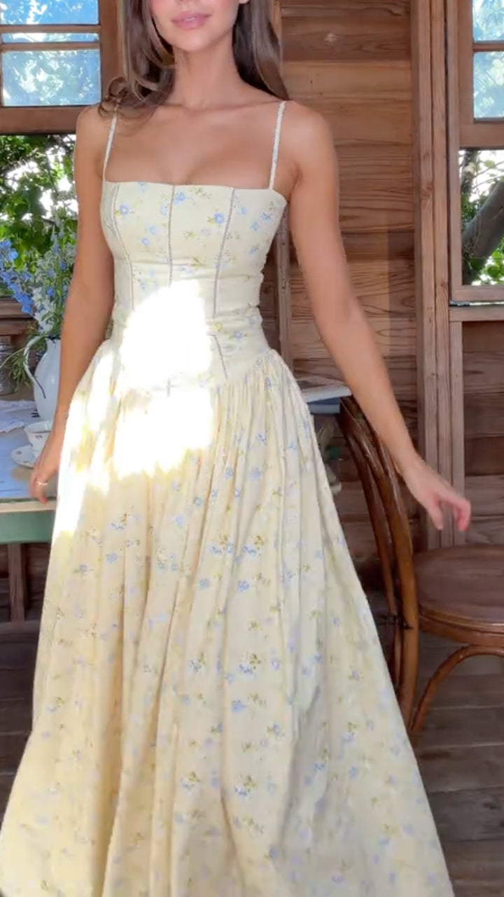 Yellow Floral Spaghetti Strap Maxi Dress