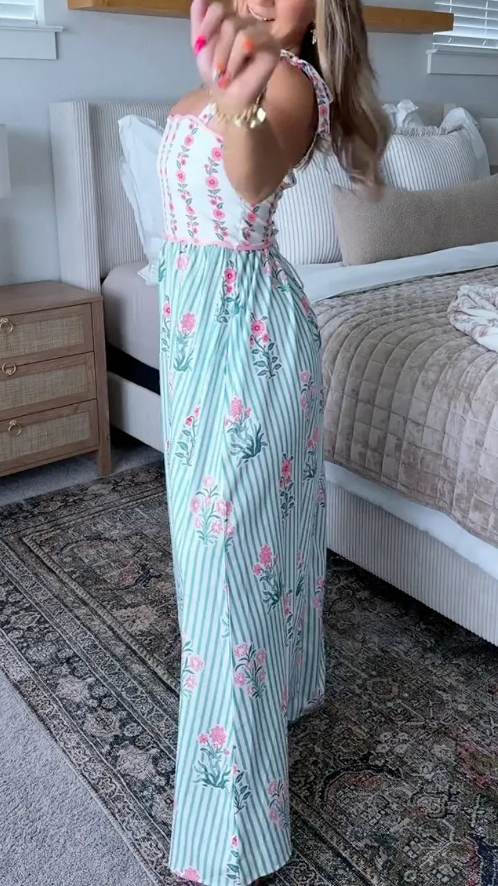 Women's V-Neck Floral Print Strappy Maxi Vacation Dress