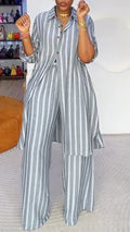 Grey Striped Linen‑Look 2‑Piece Set