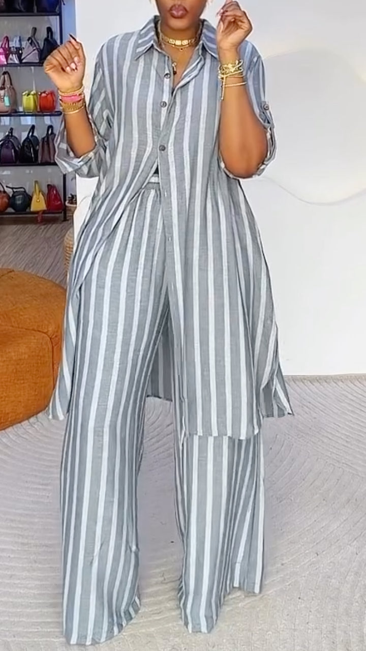 Grey Striped Linen‑Look 2‑Piece Set
