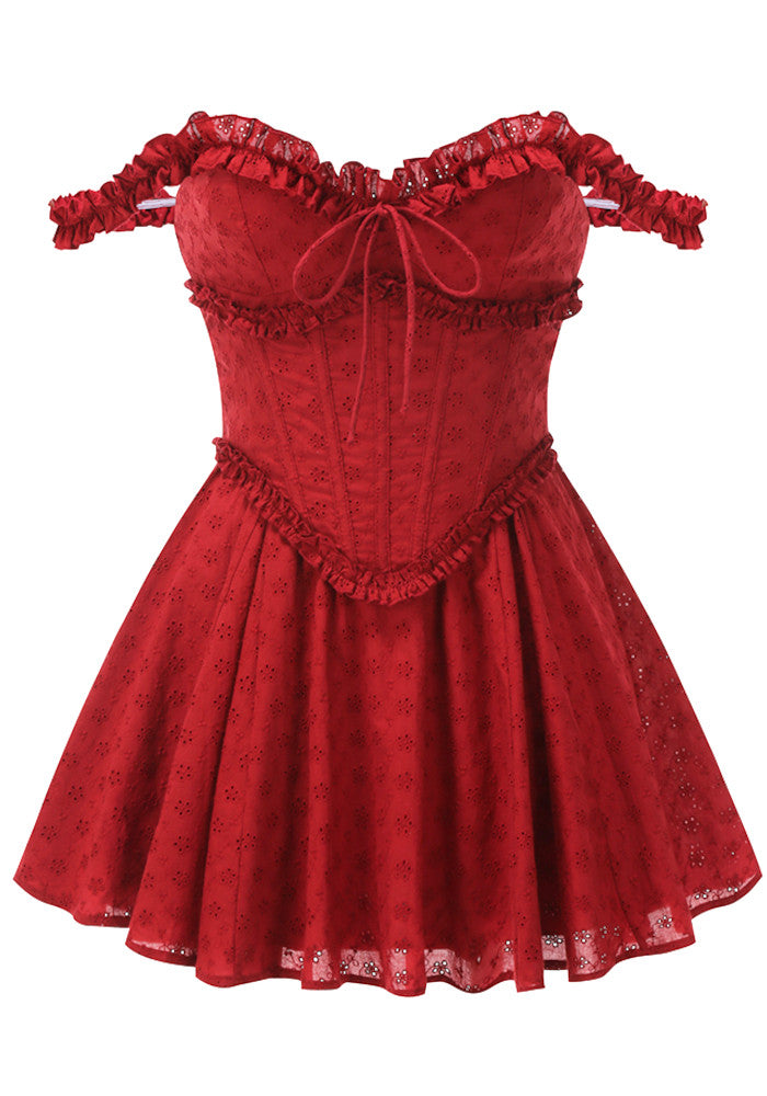 Bardot Broderie Corset A Line Dress Red