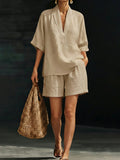 Minimalist Cozy V-neck Shirt And Shorts Linen Cotton Two-piece Set