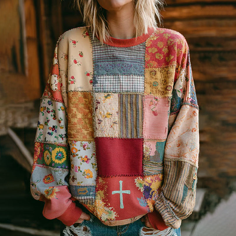 Women's Cross Floral Patchwork Art Cozy Sweatshirt
