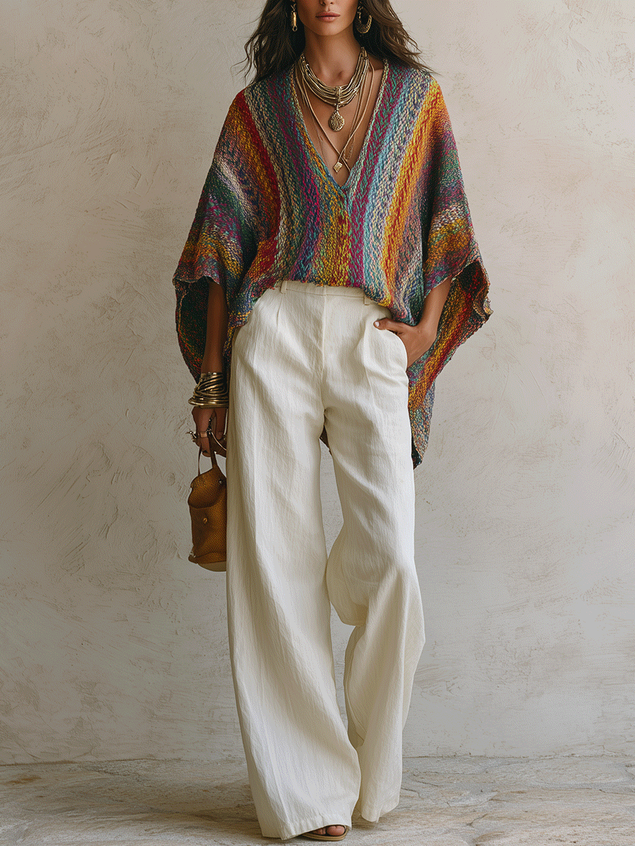 Coastal Boho Hand-Knit Multicolor Batwing Oversized Colorful Knit Top