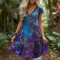 Women's Retro Rose Floral Gradient Pattern V-neck Midi Dress