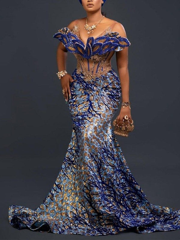 Sexy Slim Bandeau Bronzing Printed Backless Falbala See-Through Maxi Dress