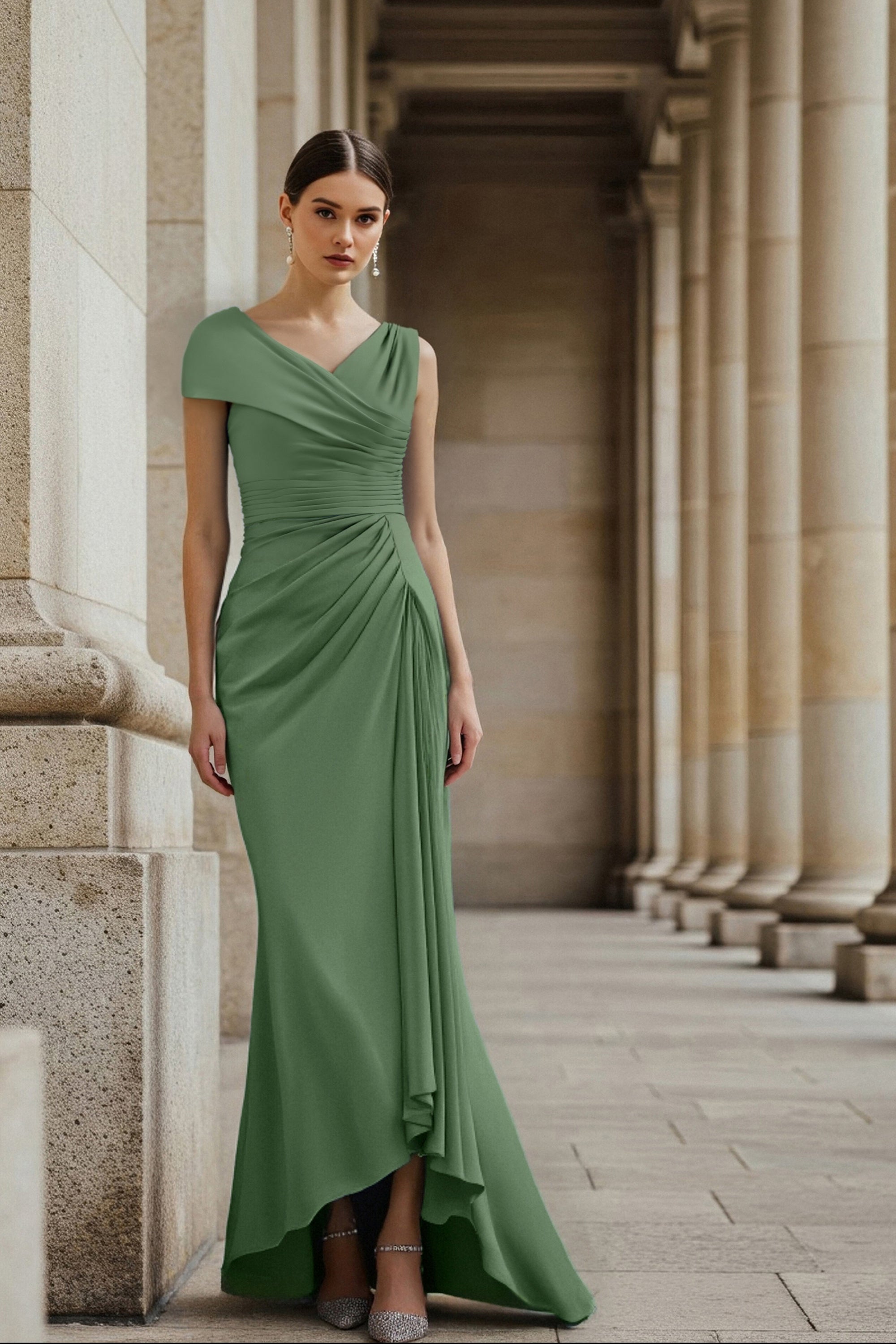 Wedding Guest Party Dress Blue Ruched V Neck Maxi Dress