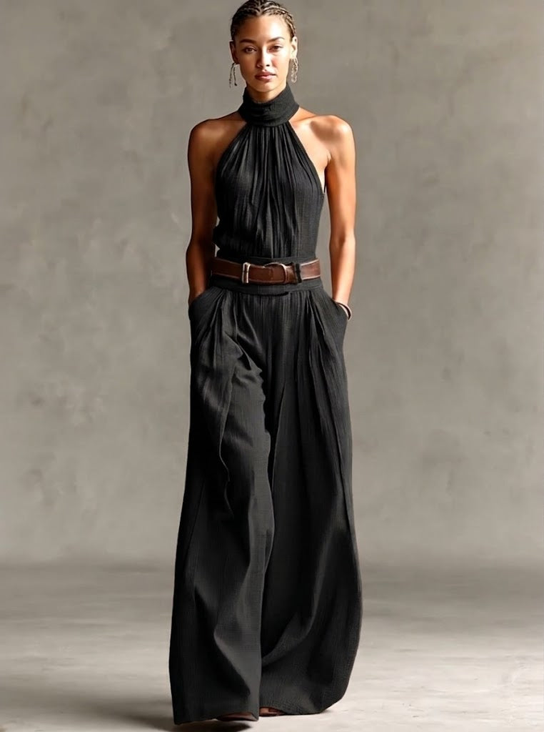 Stylish Waist-cinching Sleeveless Linen-cotton Jumpsuit