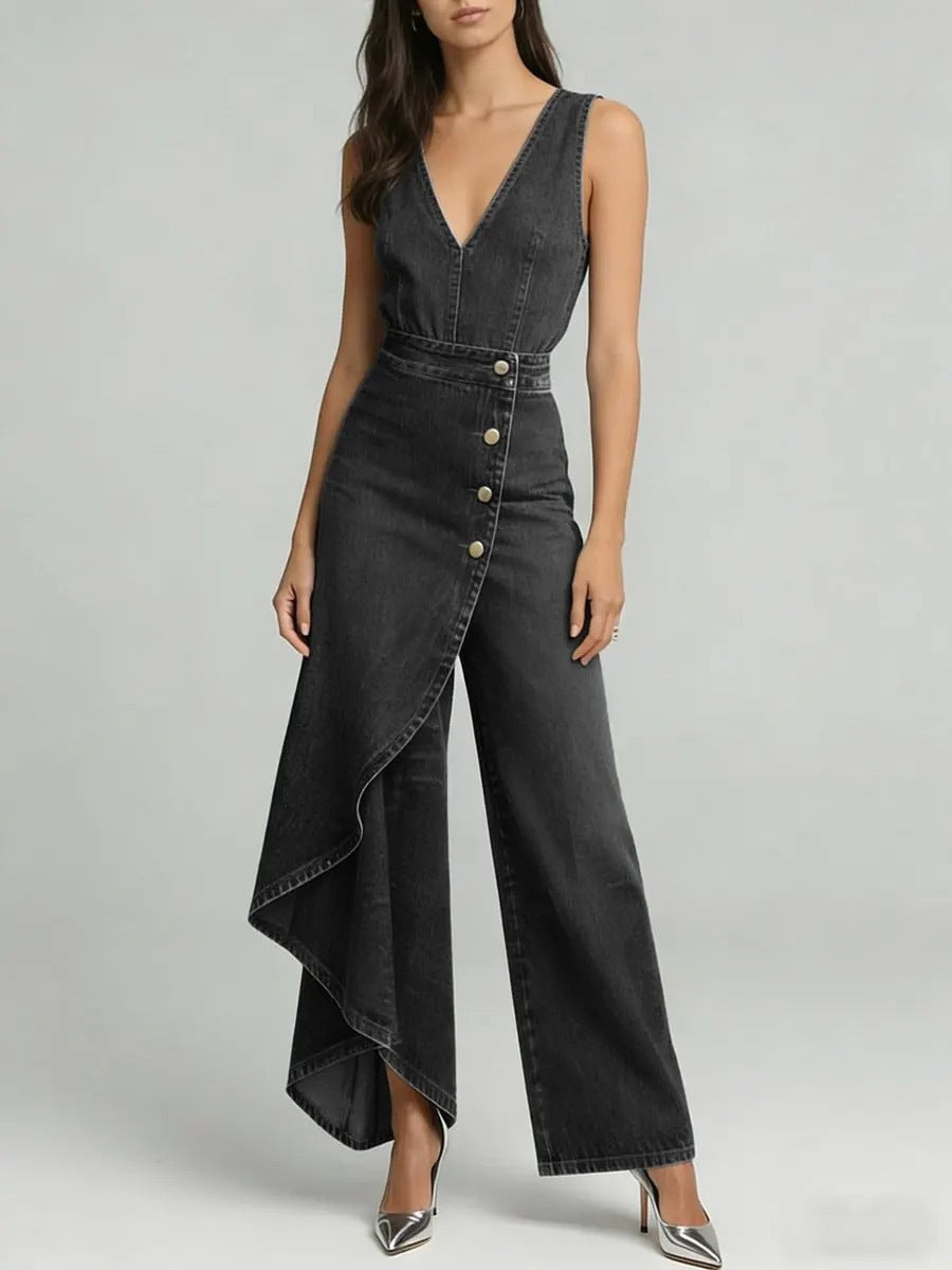Women's Asymmetric Denim Jumpsuit - Elegant High-Waist Sleeveless V-Neck One-Piece with Ruffles