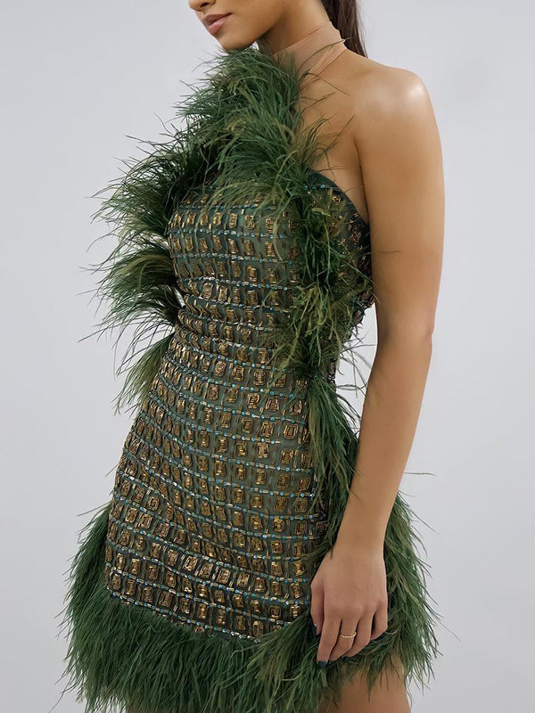 Backless Feathers Sequined Sleeveless Round-neck Mini Dresses