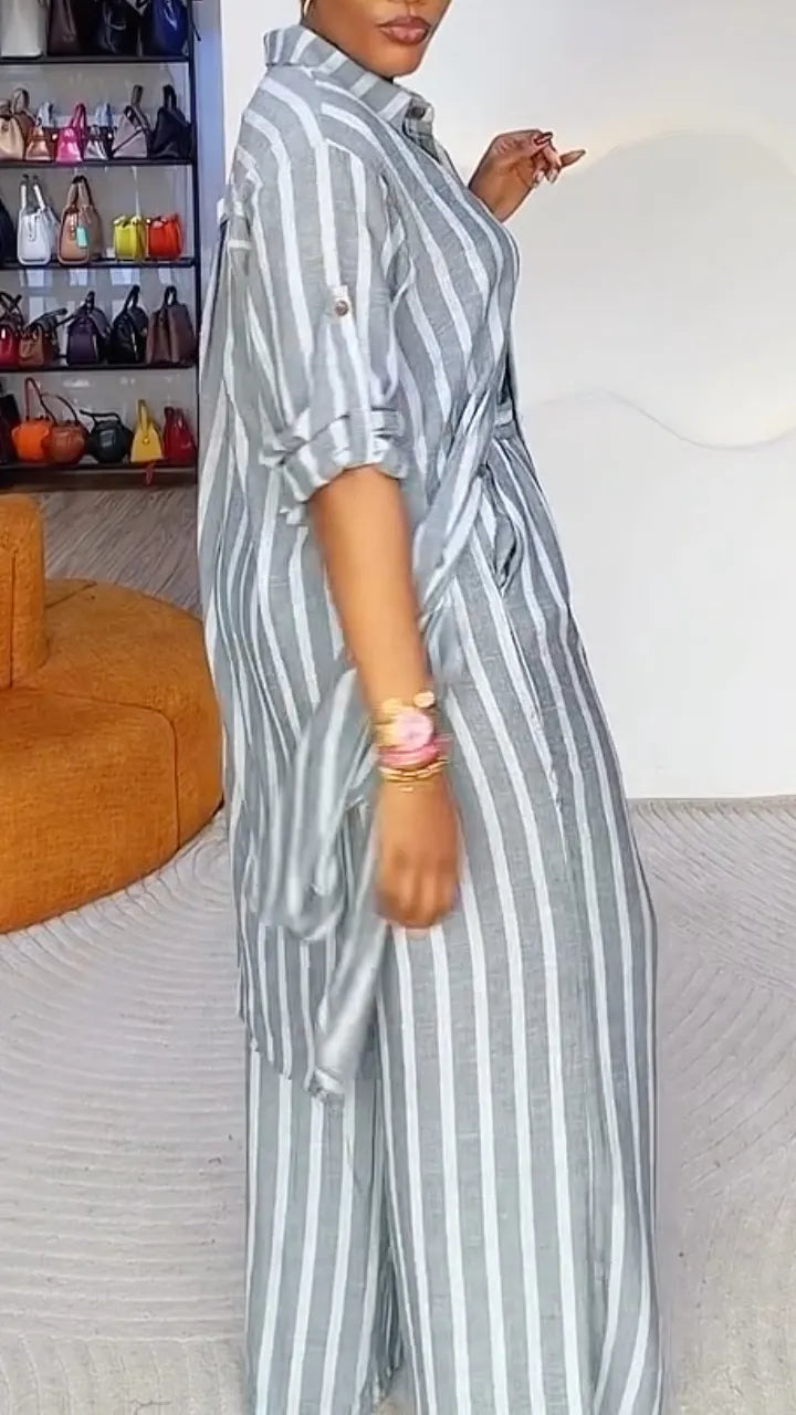 Grey Striped Linen‑Look 2‑Piece Set