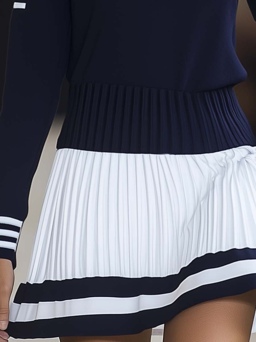 [24-hour shipping out]Fashionable Sports Style Round Neck Navy Blue and White Contrast Mini Dress