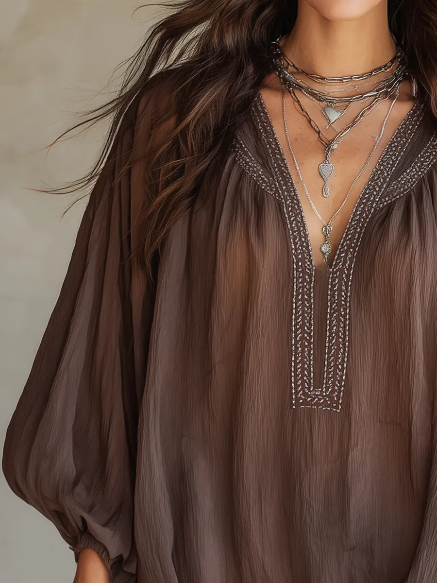 Bohemian Brown Embroidered V-Neck Blouse