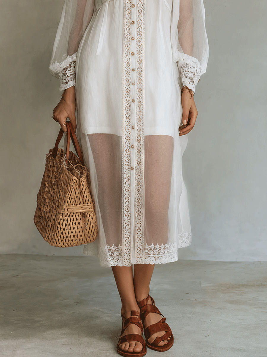 Elegant Vacation Pearl White Button-Front Lace Midi Dress