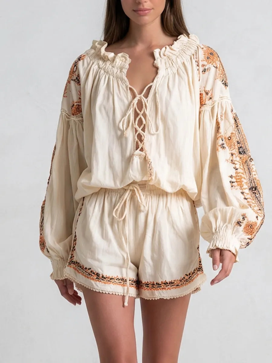 Desert-style Lace-up Bohemian Jumpsuit Shorts