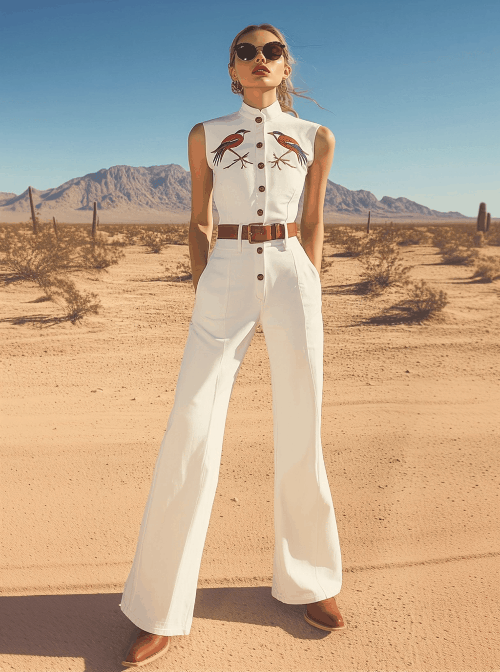 [24-hour shipping out]Retro Western Style Embroidered Stand Collar Sleeveless Wide Leg Jumpsuit