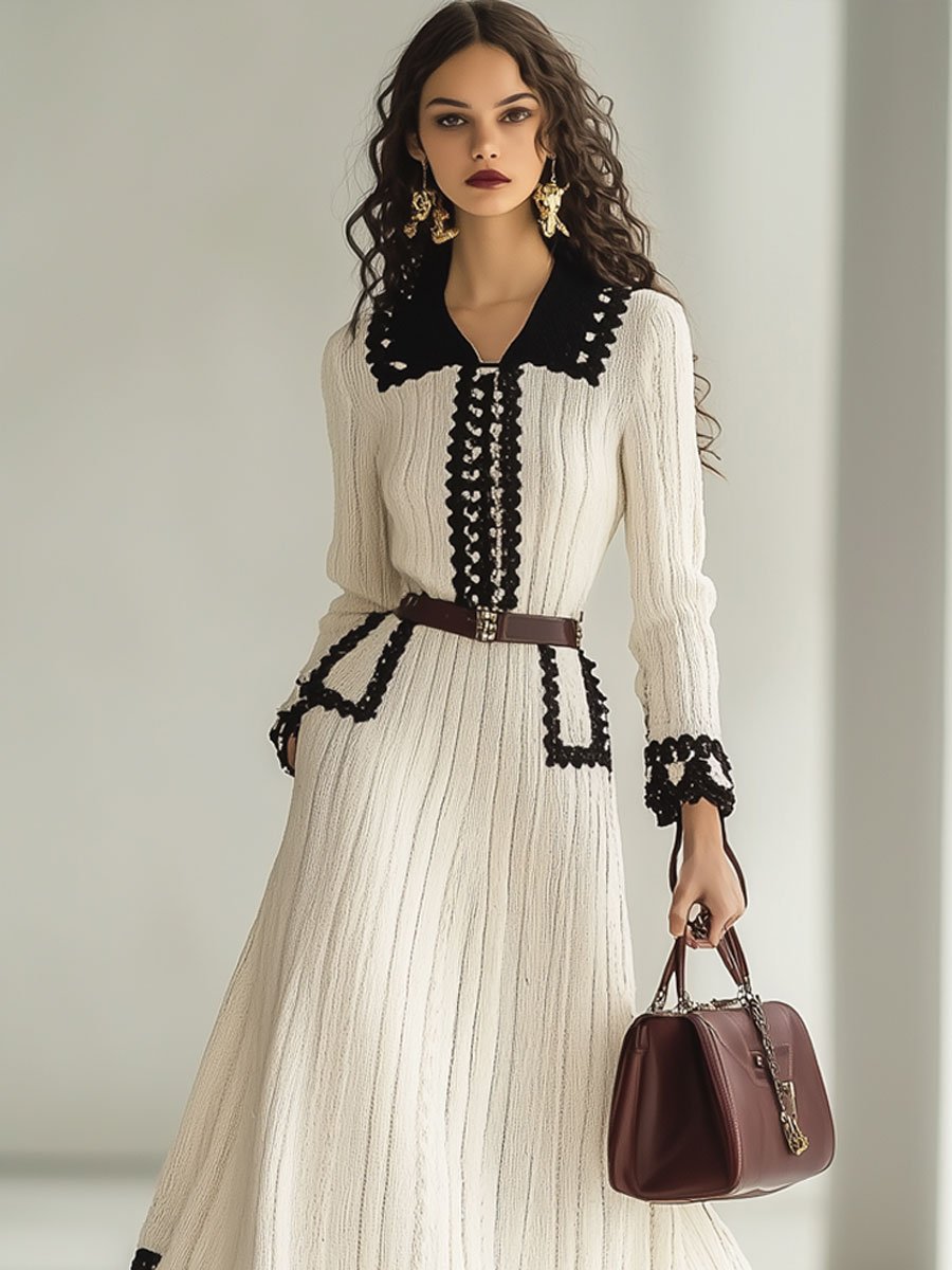 [24-hour shipping out]Fashion Retro Knitted Colorblock Long Sleeve Maxi Dress