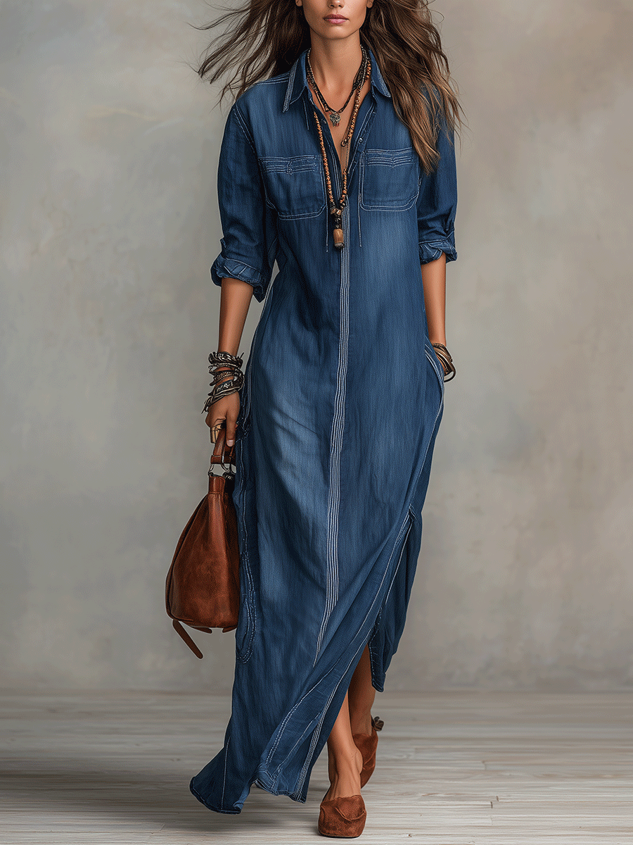 Relaxed Chic Washed-Denim Deep-V Pocket Long-Sleeve Indigo Maxi Dress