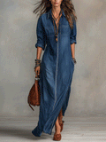 Relaxed Chic Washed-Denim Deep-V Pocket Long-Sleeve Indigo Maxi Dress