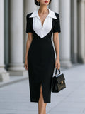 Black & White Contrast Collar Bodycon Midi Dress