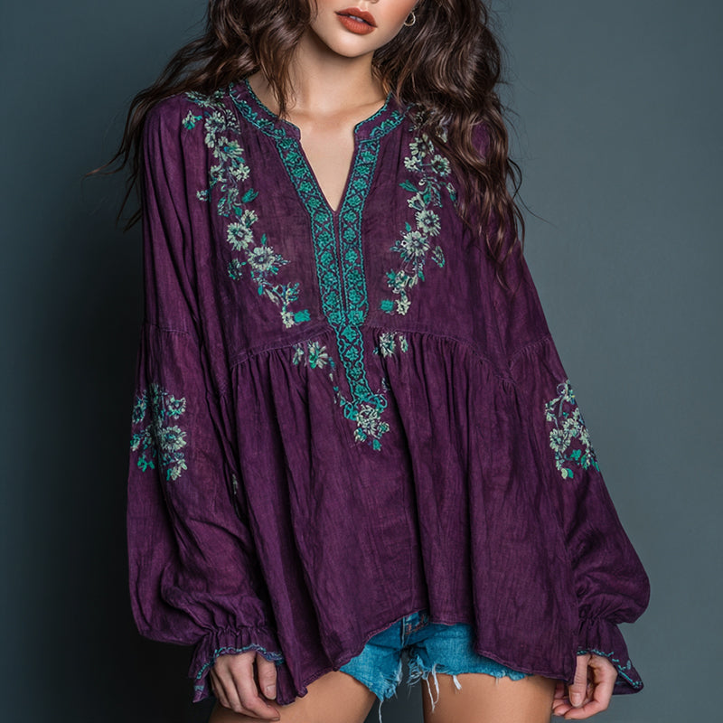 Women's Casual Floral Embroidered Art Print Flowy Linen Blend Tunic
