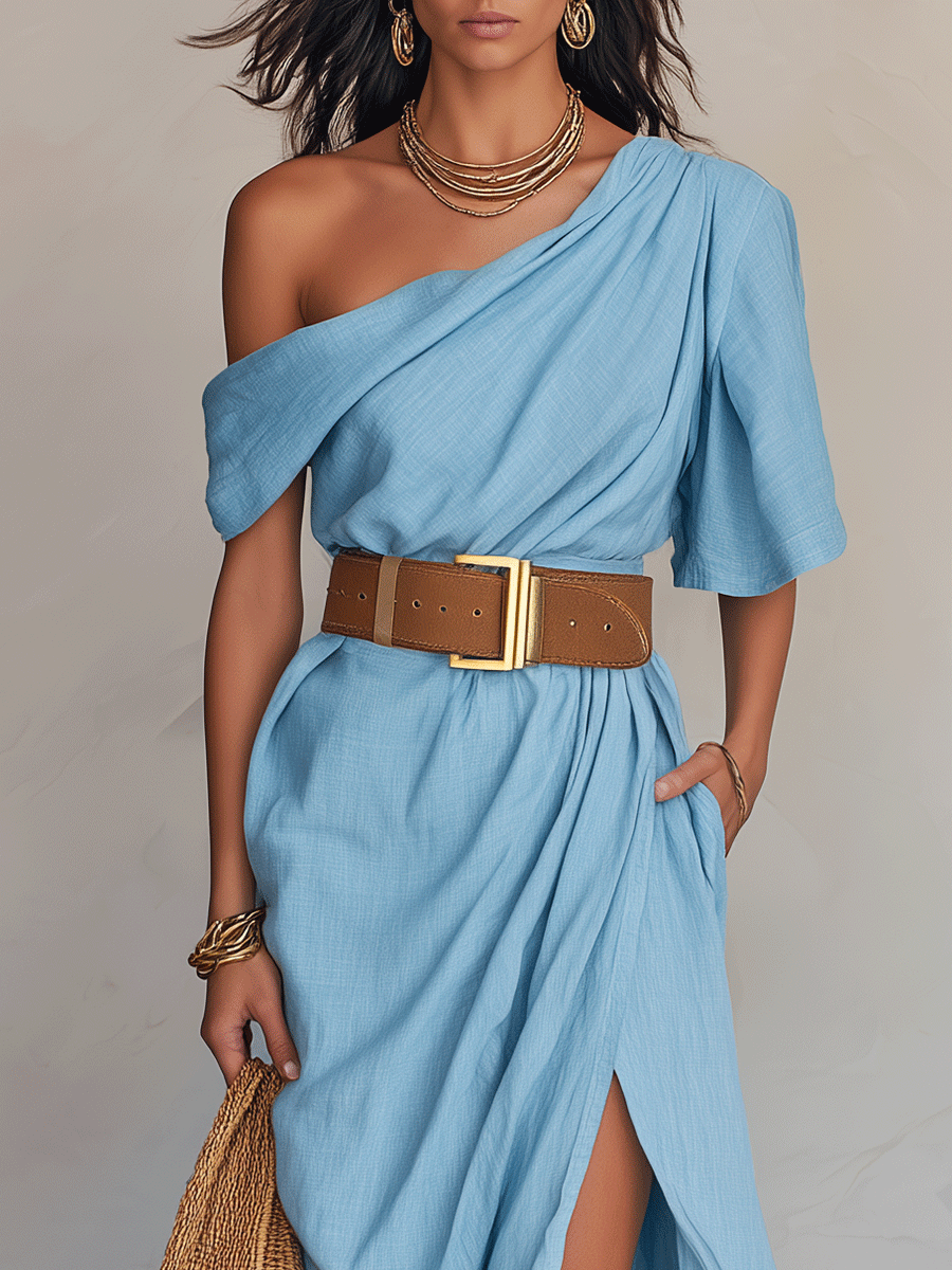 Effortless Coastal Elegance Draped Asymmetrical Linen Maxi Dress