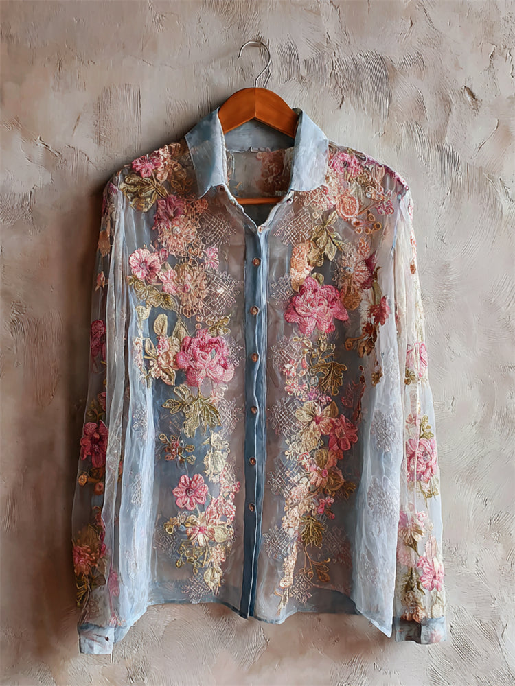 Vintage Pink Floral Embroidered Flowy Blouse