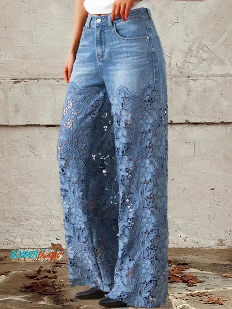Women's Mid Waist Buttoned Lace Patchwork Jeans