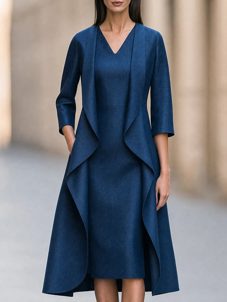 Two-Piece Set: Waterfall-Style Layered Cardigan-Effect Dress With Slim-Fit V-Neck Midi Dress