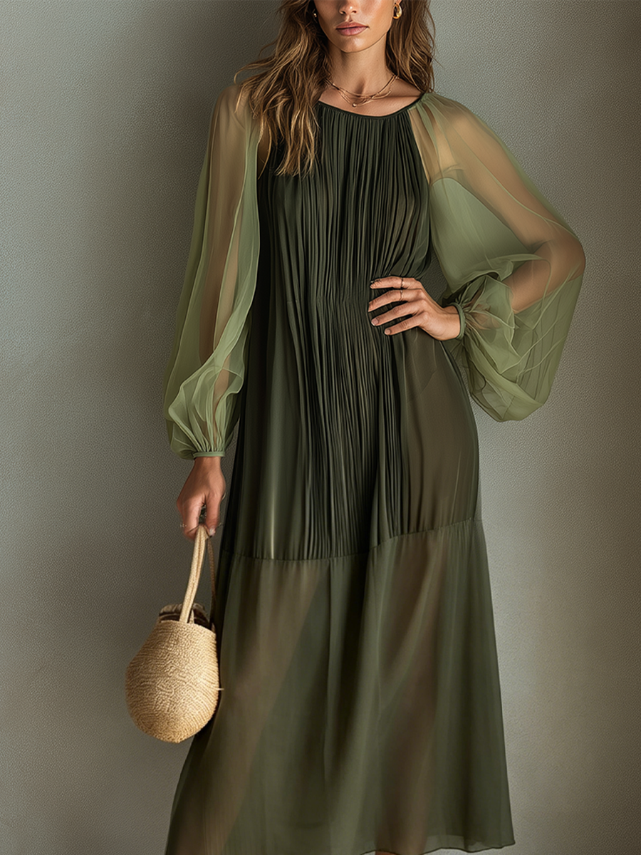 Flowy Olive Sheer Pleated Midi Dress