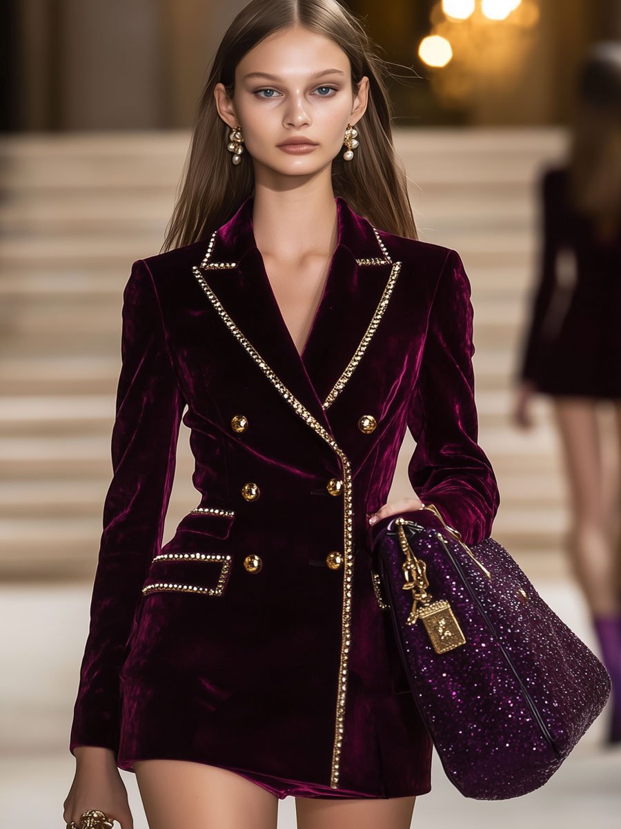 [24-hour shipping out]Casual Vintage Burgundy Velvet Gold Trim Double Breasted Suit Mini Dress
