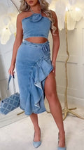 Women's 3D Rose Halter Neck Denim Two-Piece Set