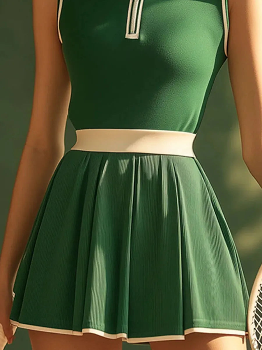 [24-hour shipping out]Casual Fashion Polo Neck White Trim Green Sleeveless Mini Dress