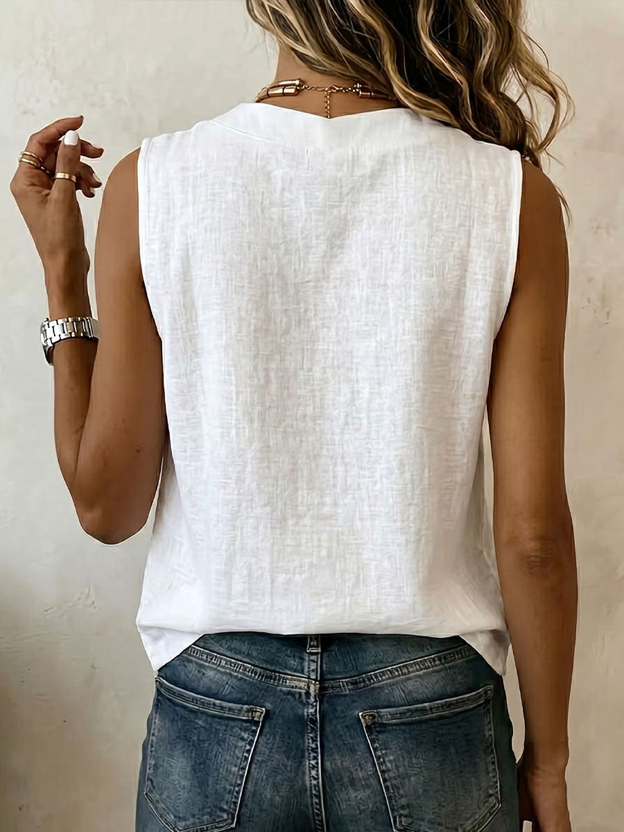 Women 's V-neck Sleeveless Linen Cotton Top With Side Buttons