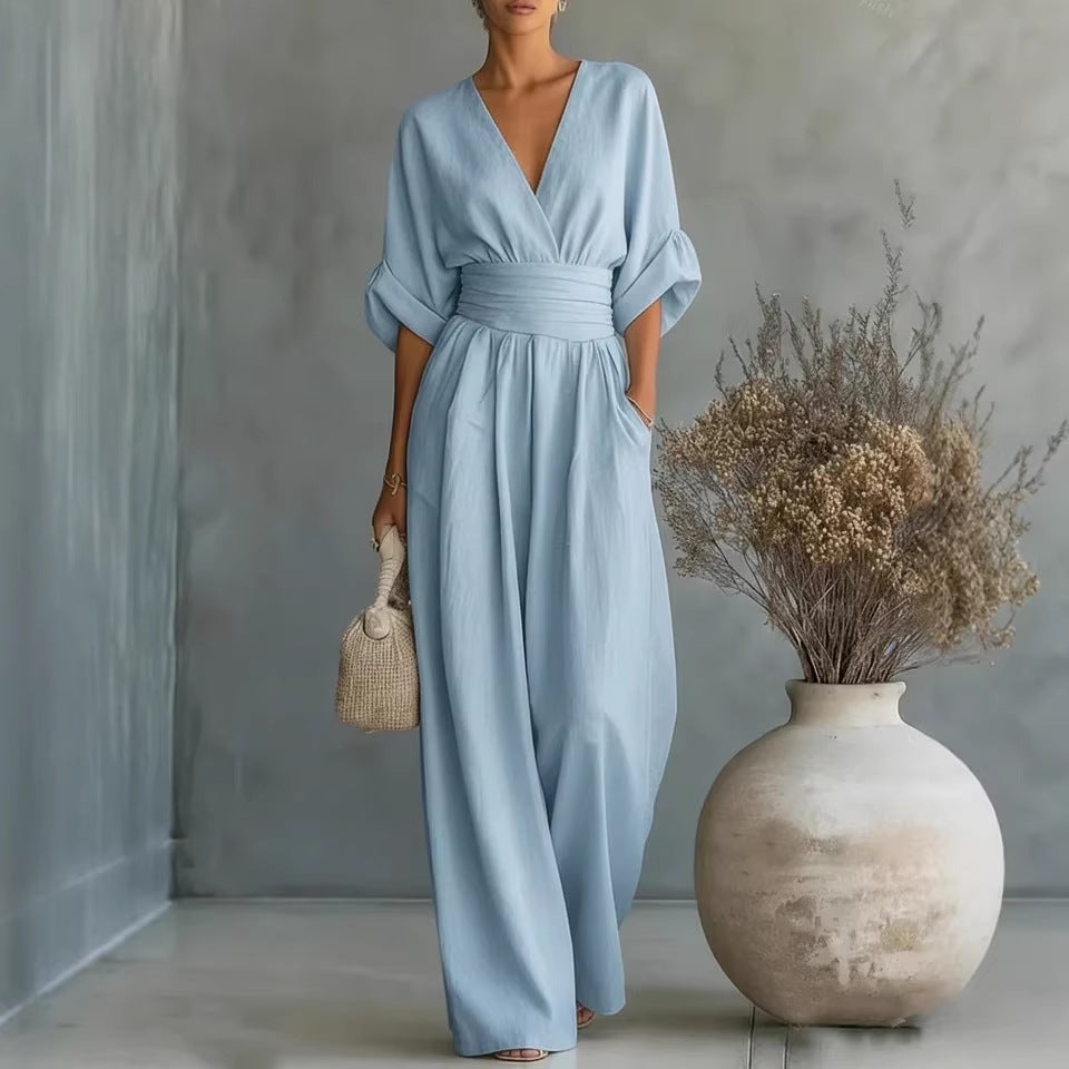 Elegant V-Neck Pleated Wide-Leg Jumpsuit | Flowy High-Waist Romper with Pockets