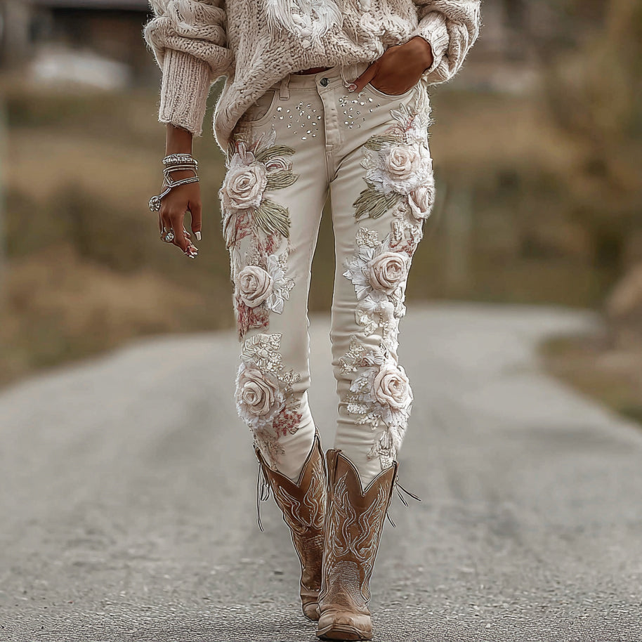 Women's Vintage Rose Floral Embroidery Art Jeans