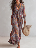 Vintage Paisley Print V neck Dress With Tie Waist