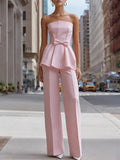 Strapless Peplum Bow Top And Tailored Wide-Leg Pants Set